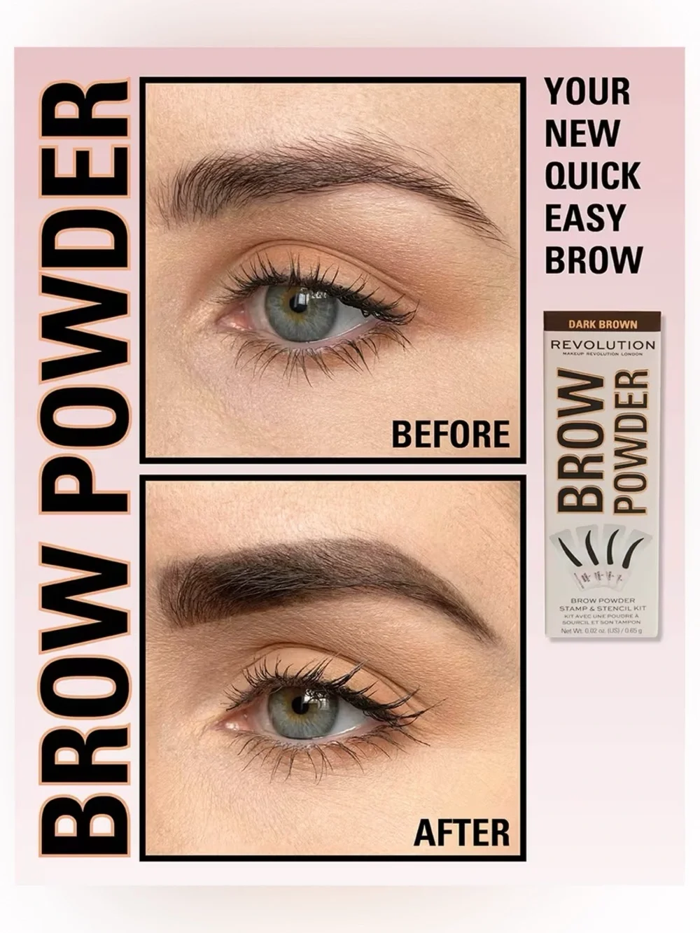 Revolution Beauty Brow Powder Stamp & Stencil Ki- Dark Brown, NEW